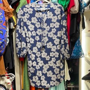 Navy patterned silk mini dress with balloon sleeve